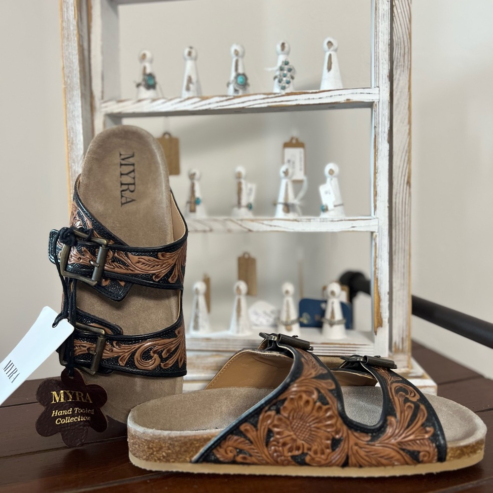 New Summer Myra Bag Handmade Tooled Genuine Leather Spring Sandals Black Brown - Picture 4 of 15